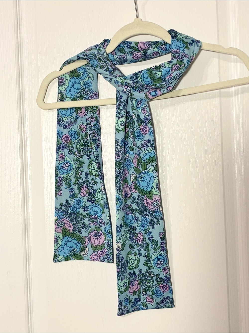 70s Pastel Floral Print Sash Belt / Neck Wrap / Head Wrap 62”L Lt. Blue Vintage